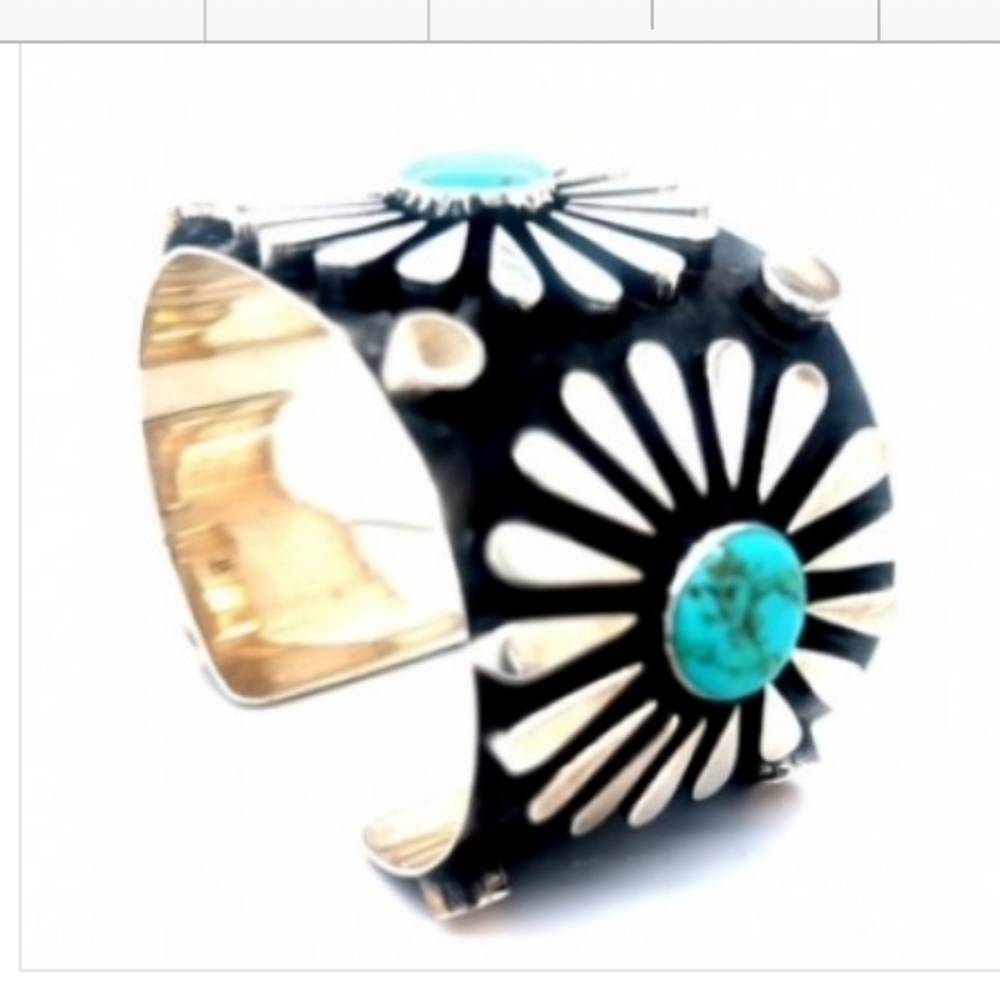 Turquoise 925 Mexican Silver Sunflower Wide Cuff Exquisite Bracelet - Picture 2 of 6